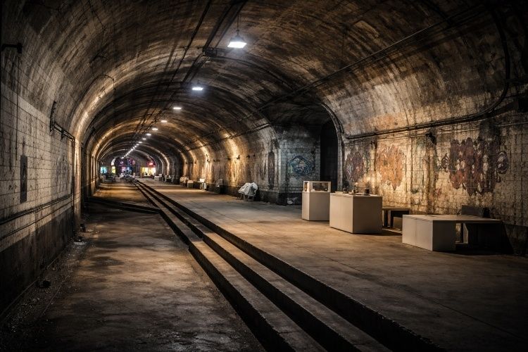 Underground vaulted tunnel with rail tracks, lighting, and wall murals